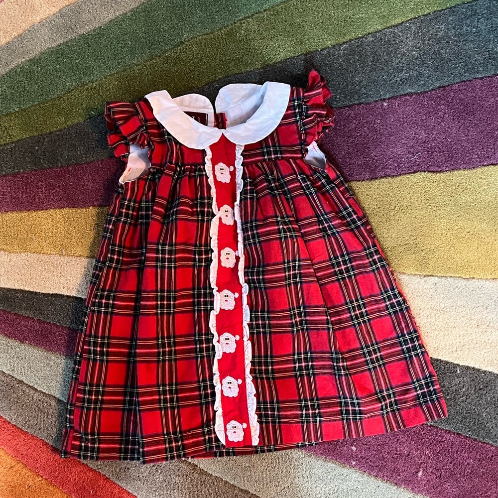Christmas dress plaid Peter Pan collar ruffle sleeves Santa embroidery 3t